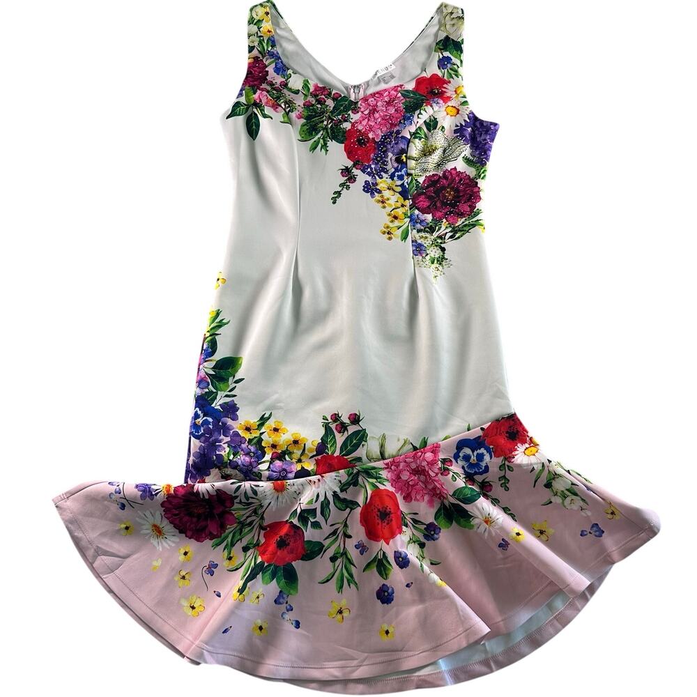 Venus NWOT Large Ruffle Trim Detail Dress White Multi Floral Asymmetrical Hem